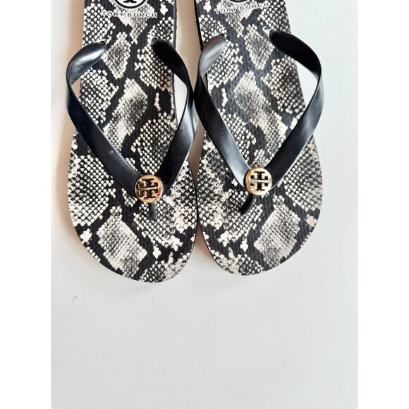 TORY BURCH Kira Black Snake Gold Logo Medallion Rubber Thong Flip Flops, Size 10 - Picture 2 of 5